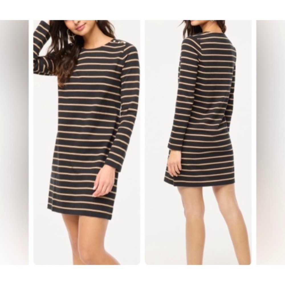 J.Crew Shift Dress Womens XL Black Tan Striped Long Sleeve Shoulder Button